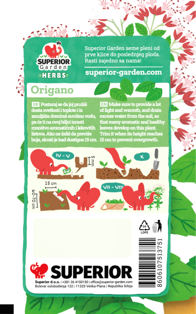 description of oregano & illustration of sowing instructions with the elephant on the back side of the bag