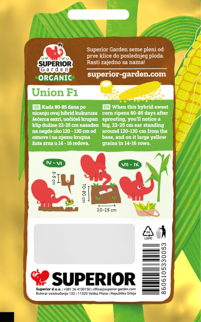 opis organskog kukuruza secerca union f1 i ilustracija instrukcija za sadnju sa slonicem na zadnjoj strani kesice