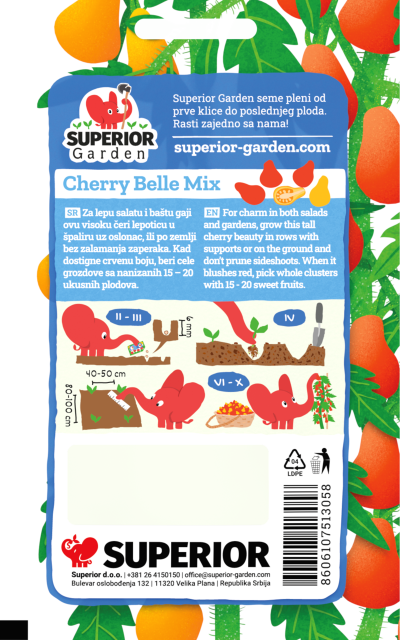 opis paradajza cherry belle i ilustracija instrukcija za sadnju sa slonicem na zadnjoj strani kesice
