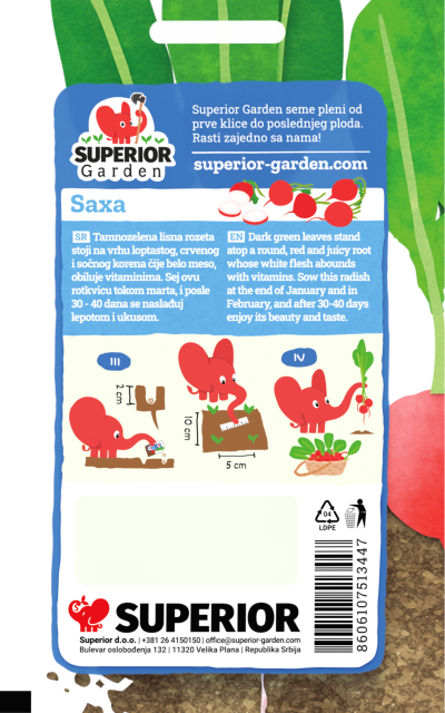 description of radish saxa & illustration of sowing instructions with the elephant on the back side of the bag