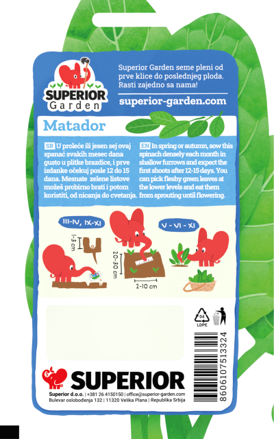 opis spanaca matador i ilustracija instrukcija za sadnju sa slonicem na zadnjoj strani kesice