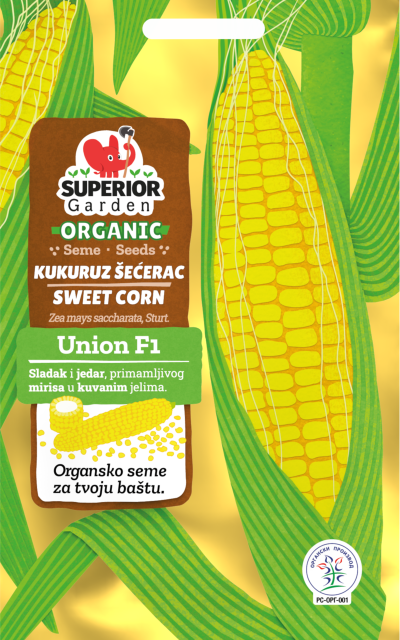 ilustracija organskog kukuruza secerca union f1 sa listovima i zlatnom pozadinom na prednjoj strani kesice