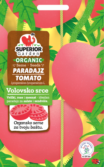 ilustracija organskog paradajza volovsko srce na biljci sa zlatnom pozadinom na prednjoj strani kesice