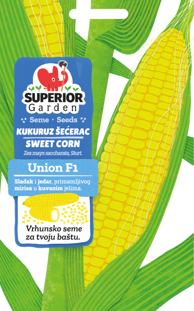 illustration of sweet corn union f1 with leaves on bag front