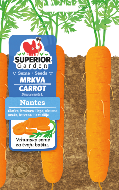 illustration of carrot nantes & coin in soil on bag front