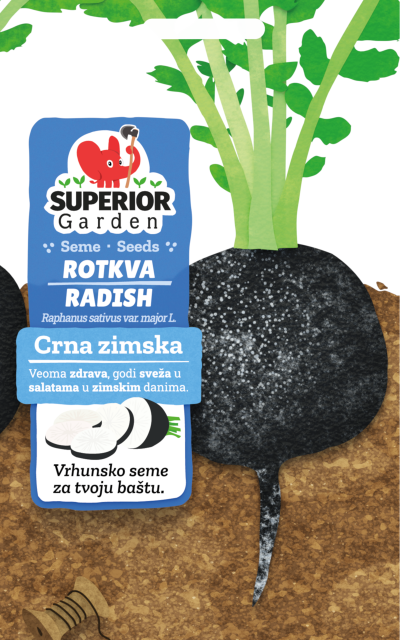 illustration of radish crna zimska & spool in soil on bag front